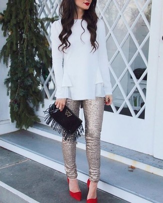 White Ruffle Long Sleeve Blouse with Red Suede Pumps Outfits: 