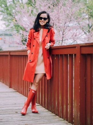 Women's Black Sunglasses, Red Rain Boots, Beige Shift Dress, Red Trenchcoat