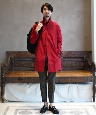 Men's Red Raincoat, Charcoal Chinos, Black Leather Loafers, Black Canvas Backpack