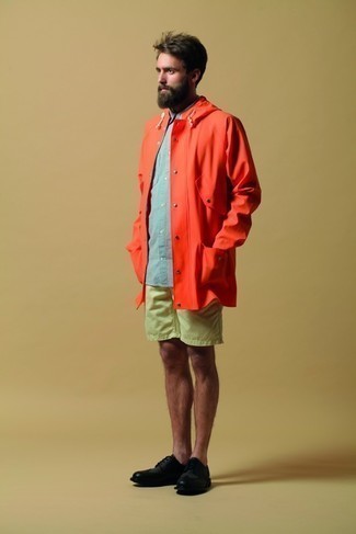 Men's Red Raincoat, Light Blue Chambray Short Sleeve Shirt, Yellow Sports Shorts, Black Leather Derby Shoes