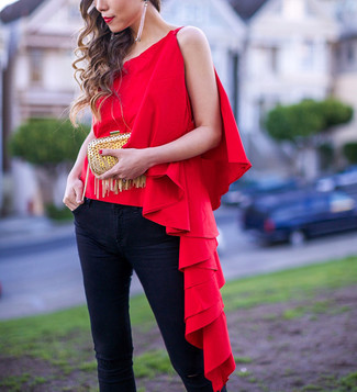 Women's Red Ruffle Sleeveless Top, Black Skinny Jeans, Gold Clutch