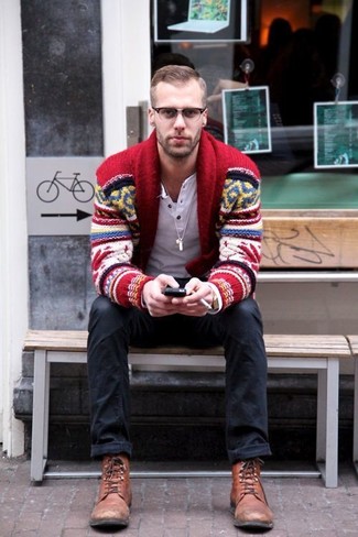 Red Cardigan Outfits For Men: Super stylish and practical, this casual combination of a red cardigan and black jeans provides with amazing styling opportunities. If you need to immediately up your ensemble with shoes, why not complete your outfit with a pair of brown leather casual boots?