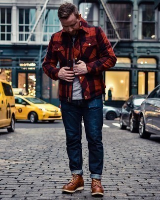 Burgundy Shirt Jacket Outfits For Men: If you're after a laid-back and at the same time on-trend ensemble, choose a burgundy shirt jacket and navy jeans. Complement this look with brown leather casual boots for extra style points.