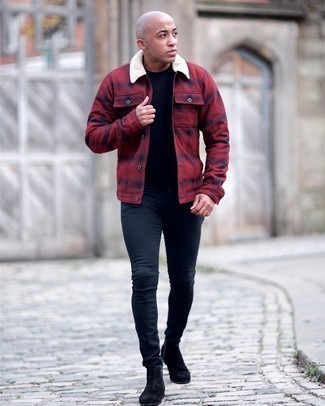 Red Plaid Flannel Shirt Jacket Outfits For Men: If you prefer a more relaxed approach to dressing up, why not opt for a red plaid flannel shirt jacket and black skinny jeans? Why not introduce black suede chelsea boots to this look for an added touch of style?