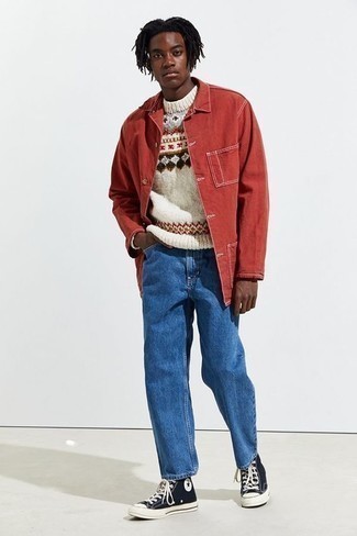 Men's Red Denim Shirt Jacket, White Fair Isle Crew-neck Sweater, Blue Jeans, Black and White Canvas High Top Sneakers