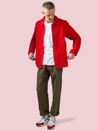 Red Shirt Jacket Outfits For Men: Marry a red shirt jacket with olive chinos and you'll put together a sleek and polished look. Grey athletic shoes will give an element of stylish effortlessness to an otherwise mostly classic look.
