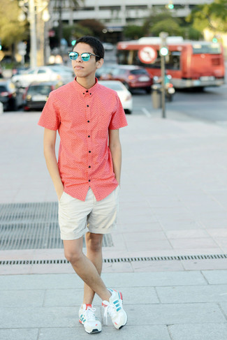 Men's Red Short Sleeve Shirt, Beige Shorts, Beige Low Top Sneakers, Blue Sunglasses