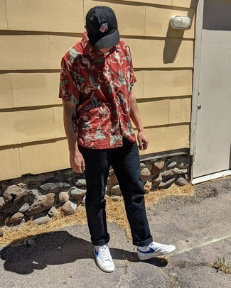Men's Red Floral Short Sleeve Shirt, Black Jeans, White and Navy Leather High Top Sneakers, Black Baseball Cap