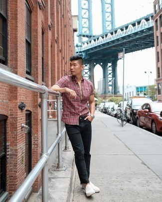 Red Plaid Short Sleeve Shirt Outfits For Men: A red plaid short sleeve shirt and black ripped jeans are a cool pairing to add to your day-to-day off-duty routine. Infuse this outfit with a dose of polish by finishing with a pair of white canvas slip-on sneakers.