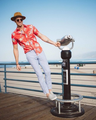 Men's Red Floral Short Sleeve Shirt, Light Blue Chinos, Grey Leather Slip-on Sneakers, Tan Straw Hat