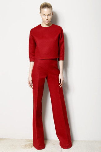 Women's Red Short Sleeve Sweater, Red Flare Pants
