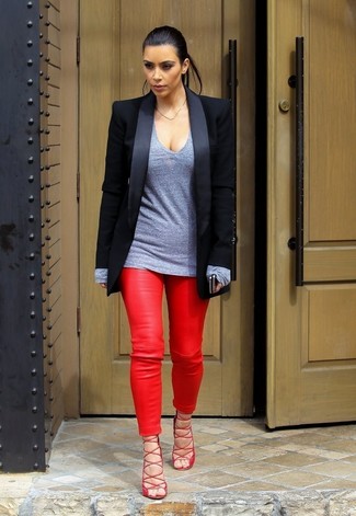 Red Leather Skinny Pants Outfits: 