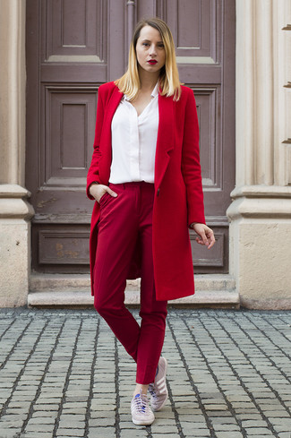 Red Coat with Low Top Sneakers Outfits For Women: 