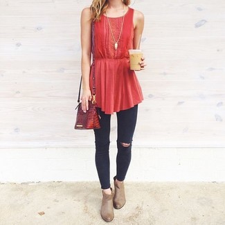 Women's Red Sleeveless Top, Black Ripped Skinny Jeans, Tan Leather Ankle Boots, Burgundy Leather Crossbody Bag