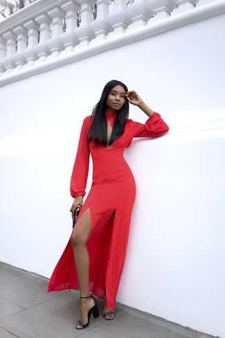Burgundy Slit Maxi Dress Outfits: For a relaxed outfit with a twist, choose a burgundy slit maxi dress. Got bored with this look? Enter a pair of black leather heeled sandals to change things up a bit.