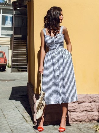 White Horizontal Striped Fit and Flare Dress Outfits: 