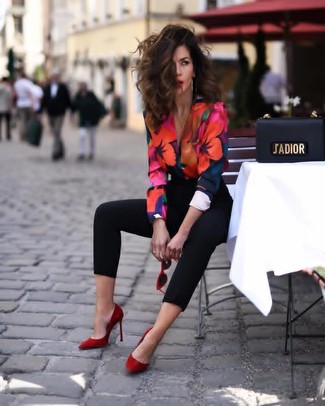 Women's Red Suede Pumps, Black Skinny Pants, Multi colored Floral Long Sleeve Blouse