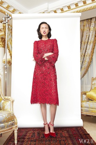 Red Lace Midi Dress Outfits: 