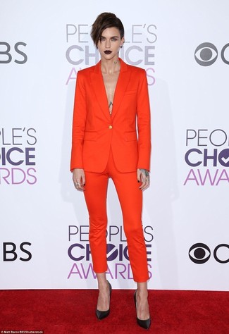 Ruby Rose wearing Red Suit, Black Leather Pumps