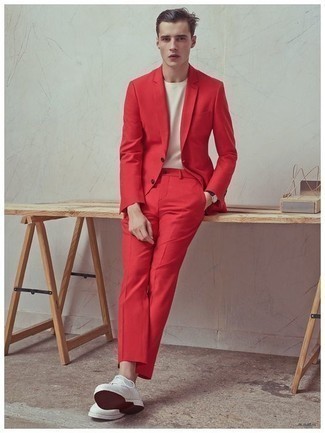 Men's Red Suit, White Crew-neck T-shirt, White Leather Derby Shoes, Black Leather Watch