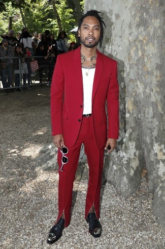 Miguel wearing Red Suit, White Tank, Black Embellished Leather Oxford Shoes, Black Leather Belt