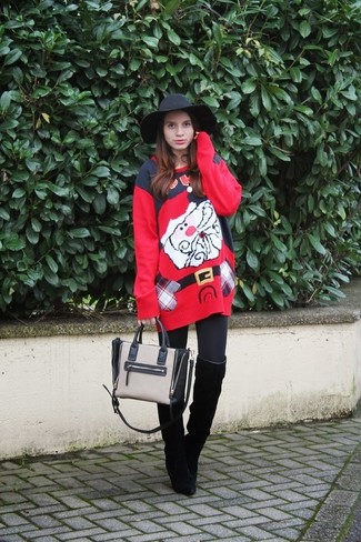 Charcoal Leather Tote Bag Outfits: A red print sweater dress and a charcoal leather tote bag have become a life-saving casual combination for many fashion-savvy girls. You can take a dressier approach with shoes and add a pair of black suede over the knee boots to the mix.