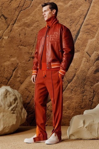Men's White Leather Low Top Sneakers, Red Sweatpants, Red Knit Wool Turtleneck, Red Varsity Jacket