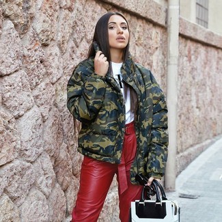 Women's White and Black Leather Tote Bag, Red Leather Tapered Pants, White and Black Print Crew-neck T-shirt, Olive Camouflage Puffer Jacket