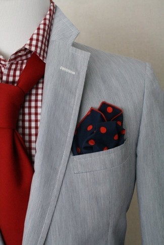Men's Navy Polka Dot Pocket Square, Red Tie, White and Red Gingham Dress Shirt, Grey Blazer