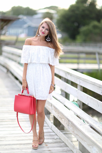 Women's White Beaded Earrings, Red Leather Tote Bag, Beige Leather Heeled Sandals, White Lace Off Shoulder Dress