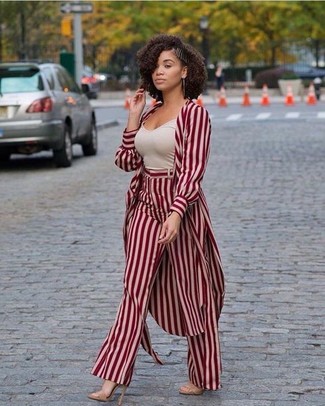 Beige Tank Outfits For Women: A beige tank and red horizontal striped wide leg pants matched together are such a dreamy ensemble for those who love ultra-cool styles. Avoid looking too casual by finishing with a pair of beige leather heeled sandals.