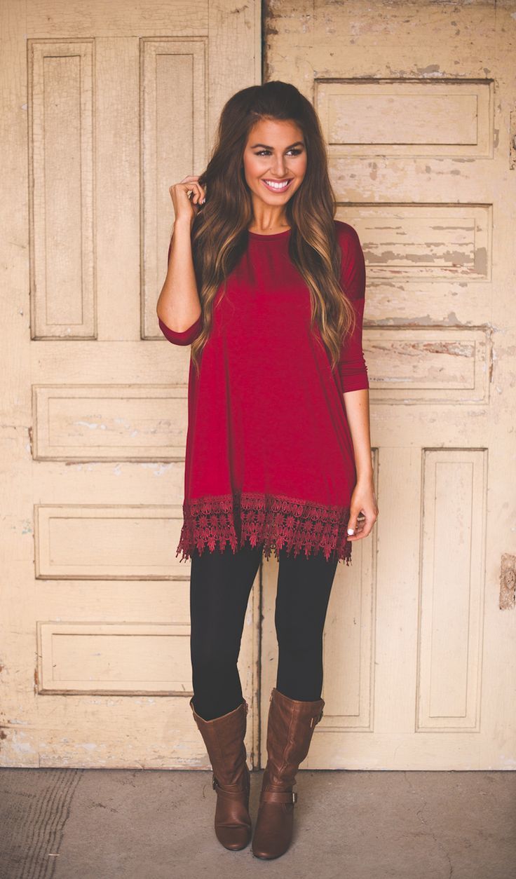 Women's Red Tunic, Black Leggings, Dark Brown Leather Knee High Boots