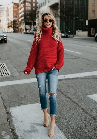 Women's Red Knit Turtleneck, Blue Ripped Skinny Jeans, Beige Leather Mules, Black Sunglasses