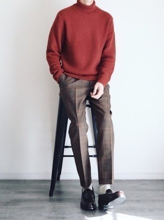Dark Brown Leather Loafers Outfits For Men: Infuse casual refinement into your day-to-day lineup with a red knit wool turtleneck and brown plaid dress pants. Make this ensemble slightly classier by finishing off with a pair of dark brown leather loafers.