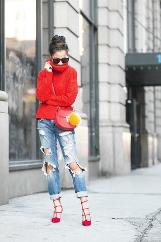 Red Suede Pumps Casual Outfits: For functionality without the need to sacrifice on fashion, we turn to this pairing of a red knit turtleneck and light blue ripped boyfriend jeans. Let's make a bit more effort with shoes and add red suede pumps to the equation.