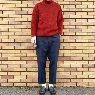 Men's Red Wool Turtleneck, Navy and Green Plaid Chinos, Black Leather Loafers, White Socks