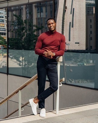 Burgundy Turtleneck Casual Outfits For Men: If you want to go about your day with confidence in your ensemble, try pairing a burgundy turtleneck with navy chinos. A trendy pair of white canvas low top sneakers is an easy way to inject a dash of stylish effortlessness into your outfit.