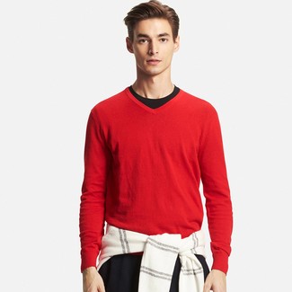 V Neck Cashmere Blend Sweater Saffron Red