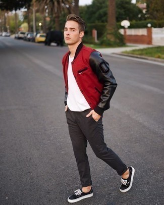 Red Varsity Jacket Outfits For Men: Opt for a red varsity jacket and charcoal chinos to create a seriously sharp and modern-looking casual ensemble. On the footwear front, this outfit pairs well with black and white canvas low top sneakers.
