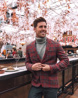 Red and Navy Plaid Blazer Outfits For Men: Combining a red and navy plaid blazer and charcoal wool dress pants is a guaranteed way to infuse your wardrobe with some manly refinement.