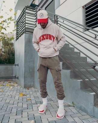 Men's White and Red Baseball Cap, White Leather Sandals, Olive Cargo Pants, Beige Print Hoodie
