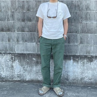 Men's Tan Sunglasses, Grey Suede Sandals, Dark Green Chinos, White Crew-neck T-shirt