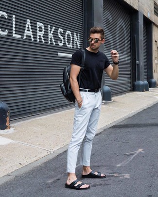 Men's Black Leather Backpack, Black Leather Sandals, White Chinos, Black Crew-neck T-shirt