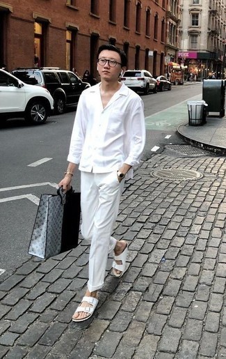 Men's Grey Print Canvas Tote Bag, White Leather Sandals, White Chinos, White Long Sleeve Shirt