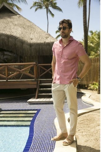 Men's Black Sunglasses, Beige Suede Sandals, Beige Chinos, Pink Short Sleeve Shirt