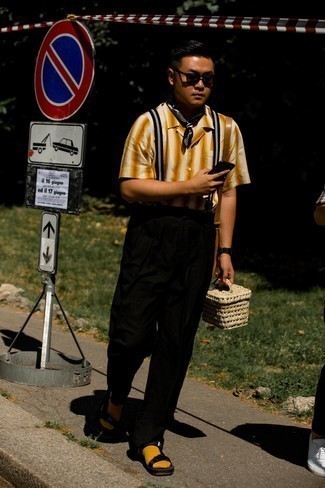 Men's Brown Leather Messenger Bag, Black Canvas Sandals, Black Chinos, Tobacco Vertical Striped Short Sleeve Shirt
