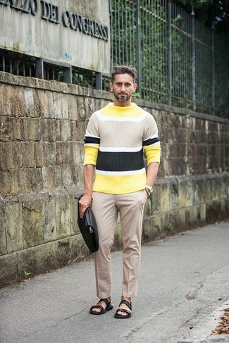 Yellow Horizontal Striped Crew-neck Sweater Outfits For Men: 