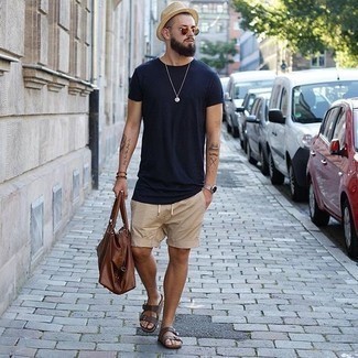 Men's Brown Leather Tote Bag, Dark Brown Leather Sandals, Tan Shorts, Navy Crew-neck T-shirt