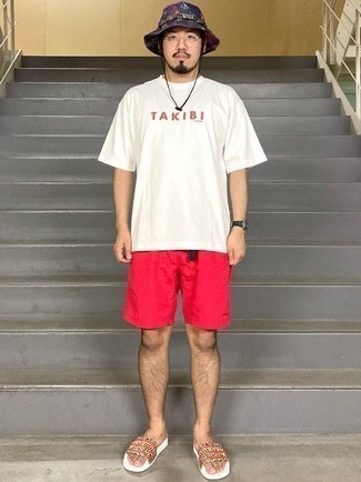 Men's Navy Tie-Dye Bucket Hat, Beige Rubber Sandals, Red Shorts, White and Red Print Crew-neck T-shirt