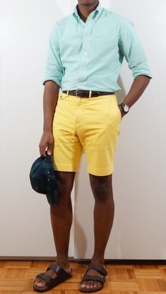 Men's Navy Baseball Cap, Dark Brown Leather Sandals, Yellow Shorts, Mint Vertical Striped Long Sleeve Shirt